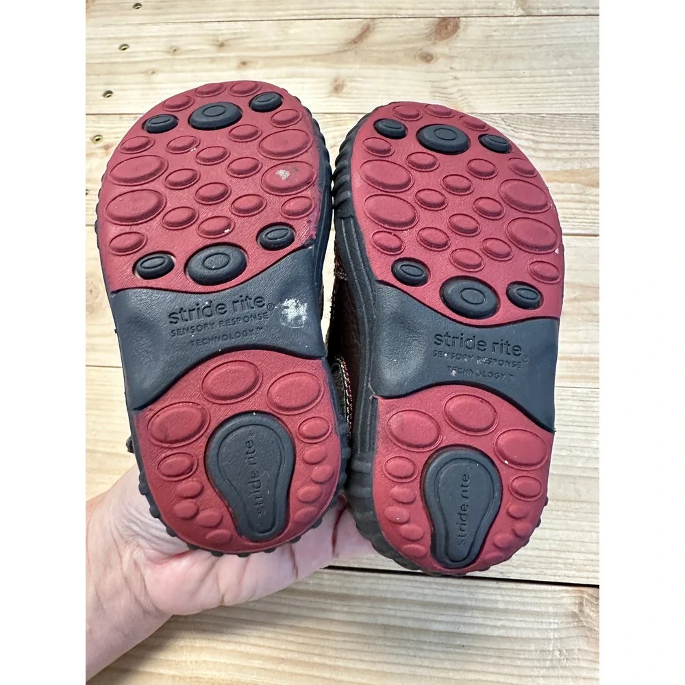 Stride Rite SRT Quest Leather Boots Size 4M Boys Brown Red Lace‎ Up Hook Loop